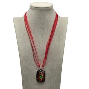 Red Ribbon Cord Flower Art Glass Pendant Necklace